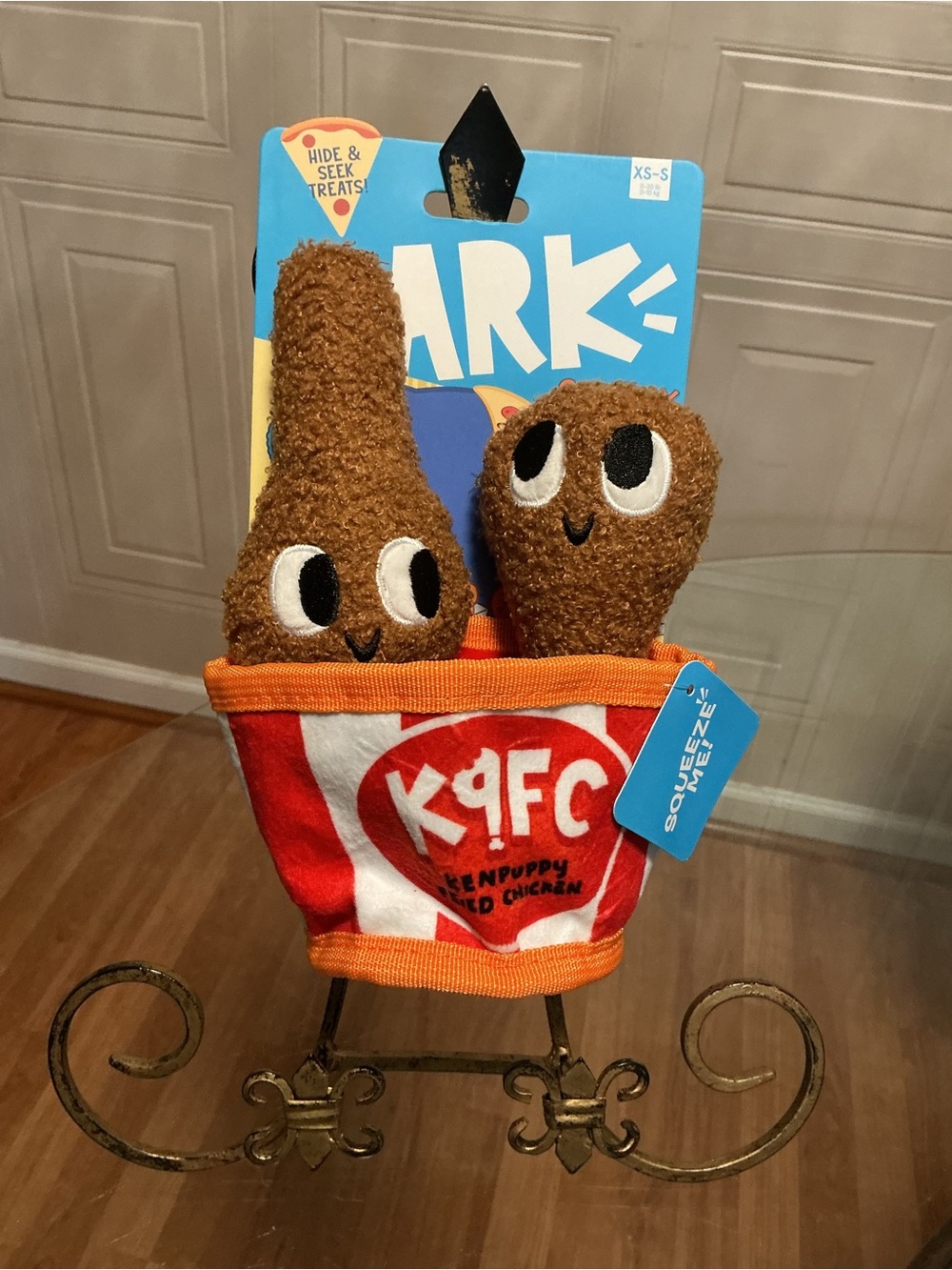 NWT BARK Dog Toy KFC Bucket Fried Chicken Plush Squeaky Hide Treats XS-S 20lbs
